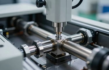 A detailed close-up of an automated high-precision production line in an East Asian / Chinese factory. The focus is on a shiny metallic part moving through a Cloud Gray machine, representing efficiency and modern technology.