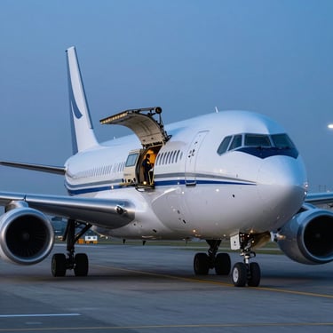 A close-up of a high-speed cargo plane being loaded on a modern international runway at twilight, cool blue tones and professional lighting.
