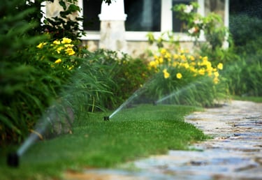 Automatic lawn sprinkler system watering a green garden landscape with yellow flowers and a stone path.