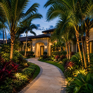 Luxury tropical home with a lit stone walkway and palm trees at dusk.