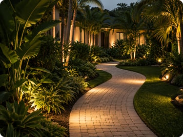 Illuminated stone paver walkway with professional landscape lighting in a tropical garden.