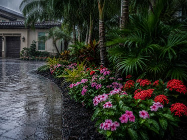 Lush tropical garden with pink and red flowers along a wet paved driveway in the rain. in the rain