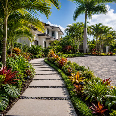 Modern luxury home featuring a stone walkway, tropical landscaping, and palm trees in a lush garden.