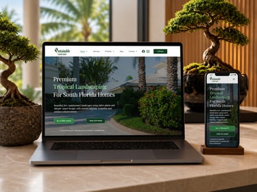 Laptop and smartphone displaying a sustainable tropical landscaping website for South Florida homes.