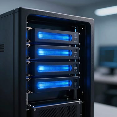 A professional photography macro shot of a glowing blue data server light in a clean, dark tech room, conveying speed and security.