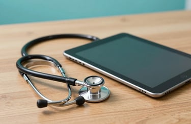 A stethoscope and a professional digital tablet resting on a clean wooden desk, South American / Brazilian office setting, bright teal accents.