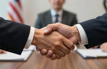 Close-up of a professional handshake between two businesspeople in a North American / US boardroom, symbolizing trust and partnership.
