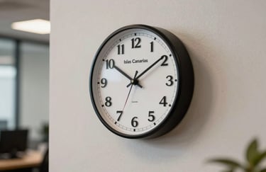Un reloj de pared moderno y profesional en una oficina de gestión de transporte, simbolizando la puntualidad y el seguimiento en las Islas Canarias.