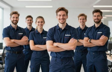 A group of reliable cleaning professionals in professional navy blue uniforms, smiling confidently, standing in a bright office hall in Bellheim, Germany.