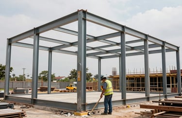 A professional construction site in Spanish / Latin American showing the assembly of a steel frame structure with precise engineering.
