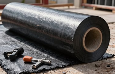 Close-up photography of professional tools and rolls of asphalt membrane on a construction site in South America / Latin America. Professional and grounded atmosphere.