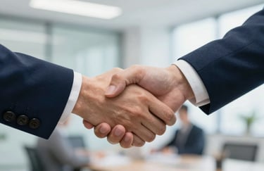 A close-up of a firm, professional handshake between two individuals in business attire, set against a bright, modern office background with #1E272C accents.