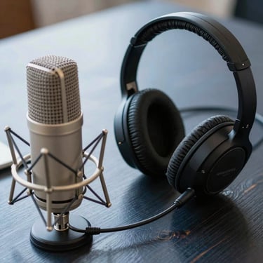 Close up of a professional studio microphone and a high-quality headset on a dark blue wooden desk, suggesting high-quality audio communication.