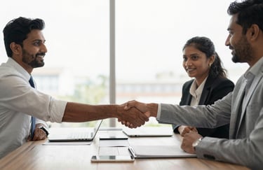 South Asian business professionals shaking hands in a brightly lit, modern conference room, conveying trust and partnership.