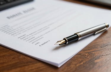 A close-up photograph of professional Indian legal documents and a fountain pen on a polished wooden desk, emphasizing detail and expertise.