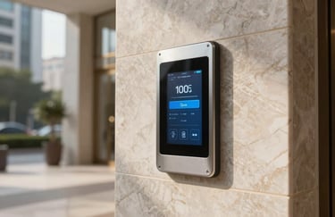 A high-tech digital entry touch panel integrated into a marble wall at a premium apartment lobby in a South American city, soft morning light.