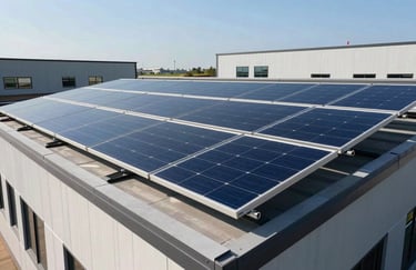 Eco-friendly solar panels installed on a modern flat roof of a commercial building, reflecting a clear blue sky, professional photography.