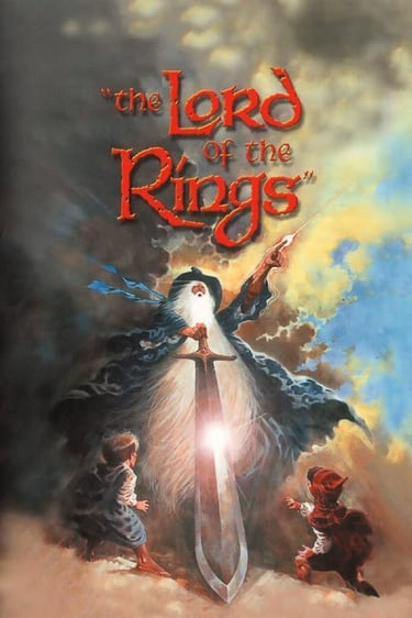 Vintage The Lord of the Rings book cover art featuring Gandalf with a glowing sword and hobbits.