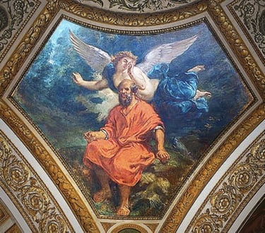 Classical painting of Greek philosopher Socrates and his daemon angel inside a gold gilded ceiling.