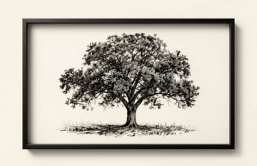 A minimalist charcoal drawing of a sturdy tree in a quiet North American park, resting on a clean cream-colored background in a simple frame.