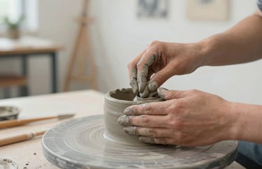 A pair of hands sculpting soft grey clay in a bright, modern art therapy studio in the US, focused on the tactile process of creation.