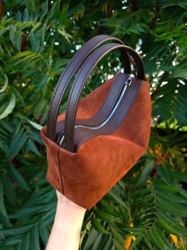 Terracotta brown suede leather handbag with brown smooth leather top handles