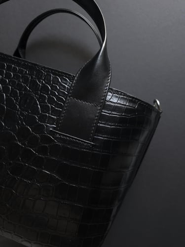 Black crocodile print leather bag with nappa leather top handles