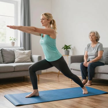 Active elderly woman doing gentle balance exercises in a bright, airy room.