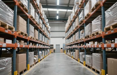 Internal view of a clean, high-tech logistics warehouse with organized shelves, soft Light Gray and Steel Blue atmosphere, Central European / Spanish industrial style.