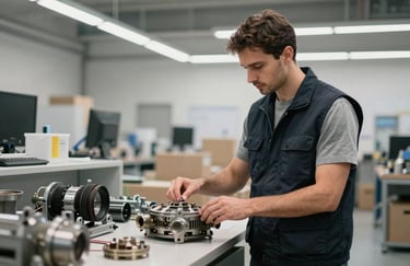 A logistics specialist in a Dark Navy vest inspecting a shipment of industrial components, Central European / Spanish workplace, clean and modern.