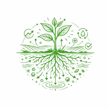 Green line art illustration of a plant seedling with deep roots and sustainable agriculture growth icons.