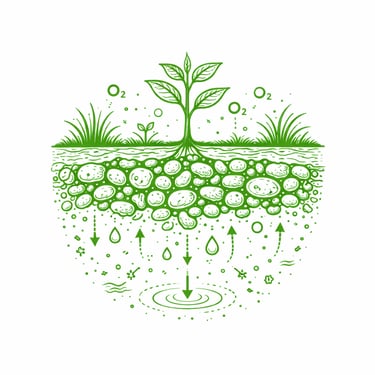 Green line art illustration of the water cycle showing a plant growing from soil and releasing oxygen.