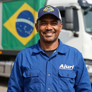 Portrait of an experienced truck driver standing beside a deep forest green heavy-duty vehicle, smiling confidently, warm golden hour light