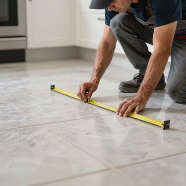 Detail shot of a professional contractor measuring a kitchen floor for premium tile installation in a North American / US - Los Angeles home.