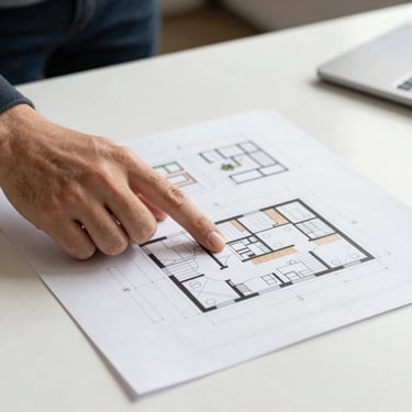 A designer's hand pointing at architectural plans for a modern kitchen layout on a warm white desk in a Los Angeles office.