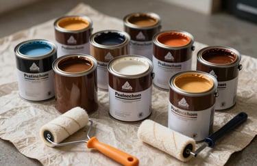 A collection of premium paint cans, clean rollers, and professional painting tools organized on a protective drop cloth. The colors of the tools and materials are in harmony with the brand's dark brown and sand palette.