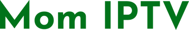 Official Mom IPTV logo featuring bold green sans-serif text on a transparent background.