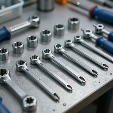 A set of high-quality, professional metal tools arranged neatly on a workbench, silver and blue tones, sharp focus, industrial style.