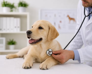 Filhote de labrador sendo examinado por veterinário, tranquilo e curioso em uma clínica acolhedora.