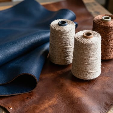 A collection of premium full-grain leather hides and spools of thick linen thread in a workshop. Deep blue and rich bronze colors, soft shadows, high-quality material focus.