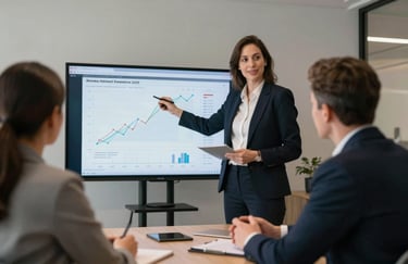 A professional financial advisor presenting a digital chart on a screen to a client in a modern British meeting room, focused and collaborative mood.