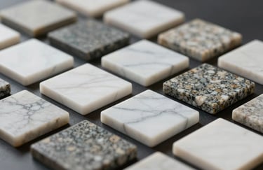 An elegant array of stone samples (marble, quartz, granite) arranged neatly on a dark surface, highlighting the variety and premium quality of the collection.