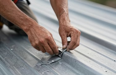A close-up shot of a skilled roofer's hands precisely sealing a joint on a metal roof, Central European style, emphasizing detail and high-quality workmanship.