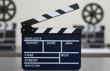 A professional movie clapperboard on a blurred film set background. Lighting is clean and focused. Brand colors #0A1C3B and #2B5A8F are used for the set lighting. No Arabic text.