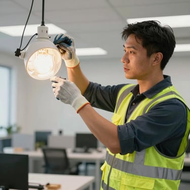 A North American / US electrician in a reflective safety vest and gloves precisely installing a light fixture in a modern commercial office space, professional work environment.