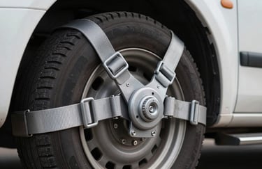 Close-up detail of heavy-duty industrial tie-down straps securely fastened to a vehicle wheel on a transport trailer. The hardware is a matte cool silver against the dark charcoal of the tires.