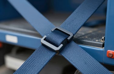 Macro shot of a high-strength nylon strap securing cargo inside a truck, showing texture and strength, professional industrial equipment in #3F5B6F blue tones.
