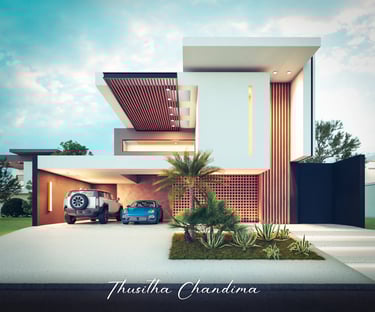 Minimalist home exterior with slanted roof, natural textures and simple front garden created as a 3D visualization.