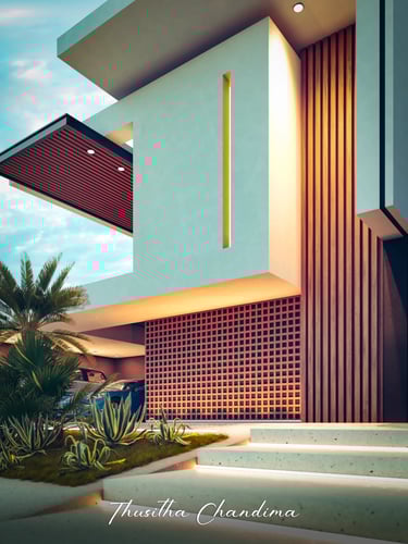 Contemporary villa with wood architectural panels, large windows and tropical plants shown in a photorealistic 3D render.