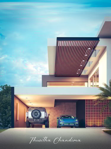 Modern villa exterior with slanted roof design, clean architecture and car parking area created as a realistic 3D architectur